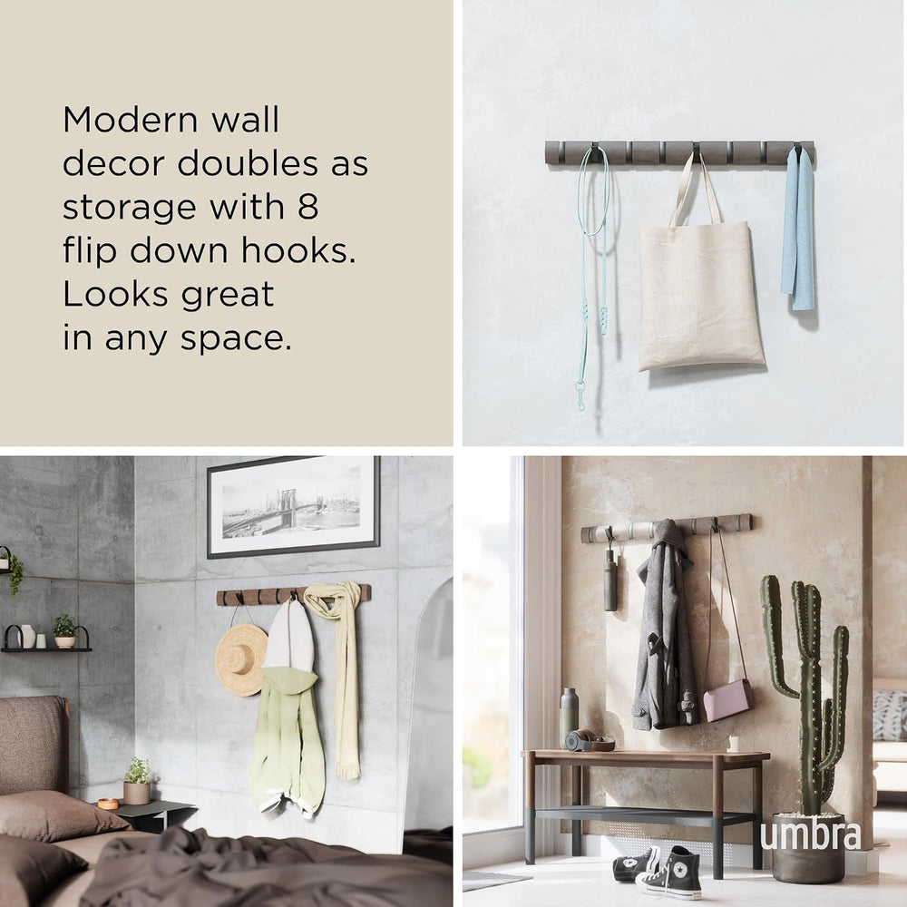 Umbra Flip Coat Rack, Wall Mount 8-Hook, Space Saving, White