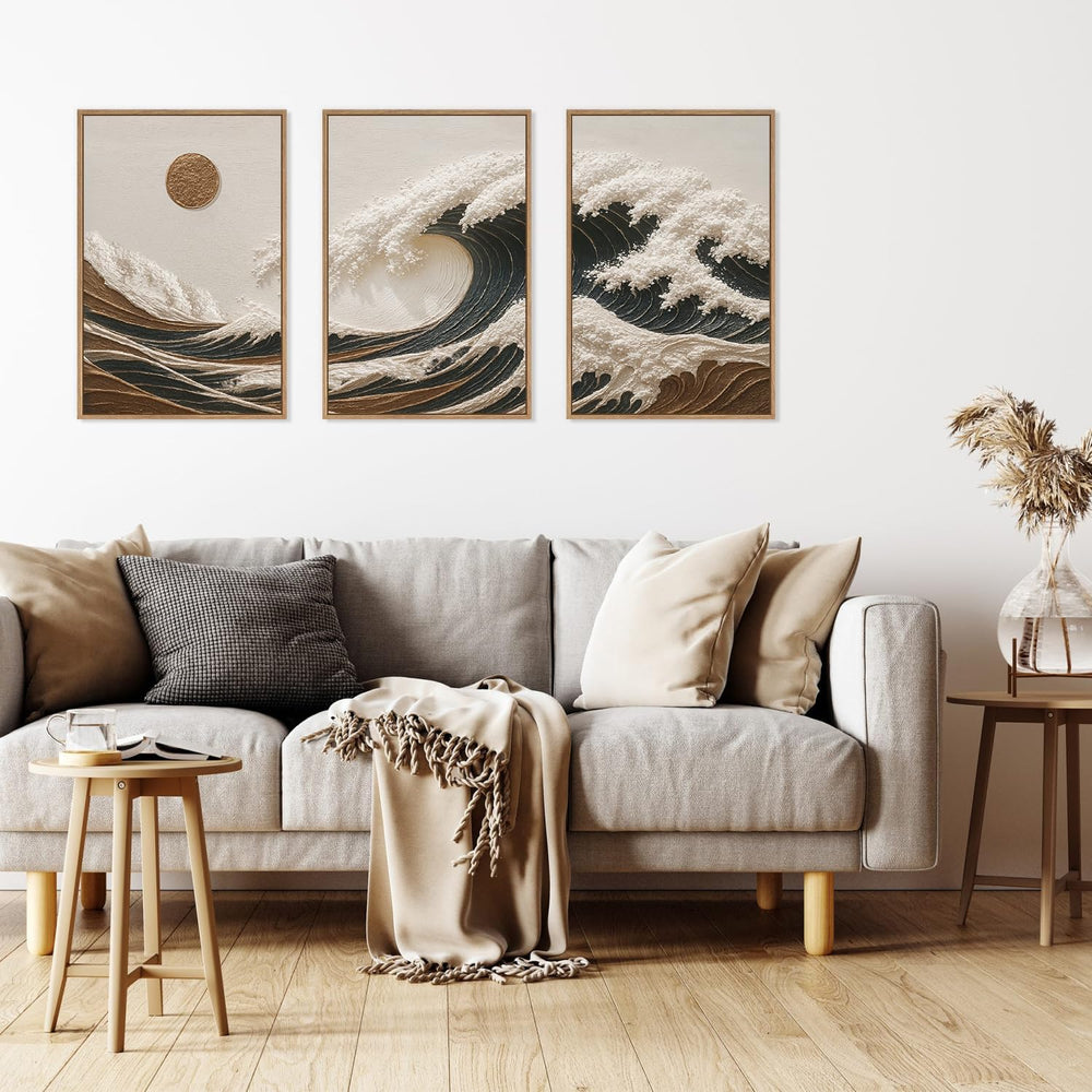 HLNIUC Sea Wave Framed Canvas Wall Art,Abstract Sun Seascape Wall Decor Set o...