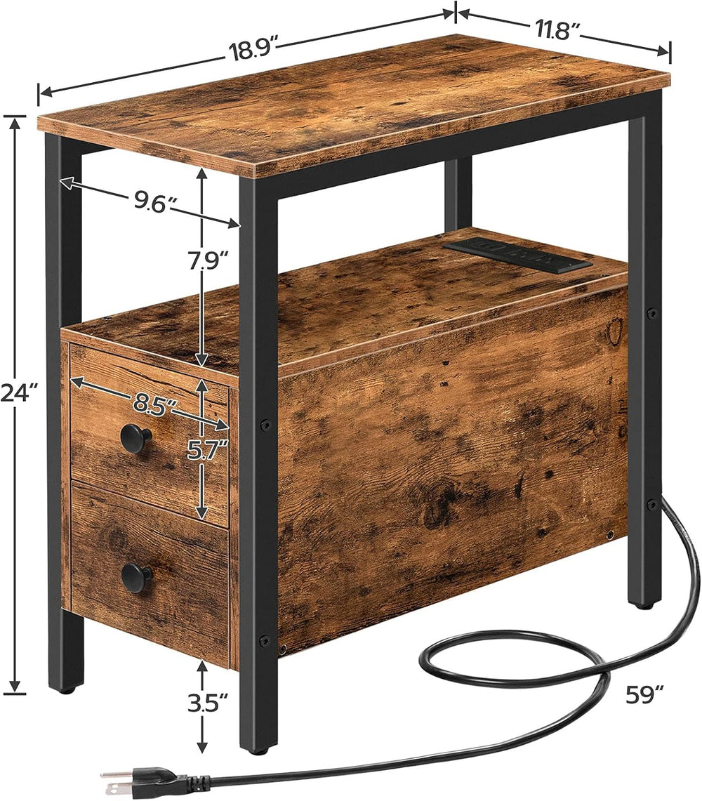HOOBRO Set of 2 End Tables with Charging Station, Narrow Side Table with Draw...