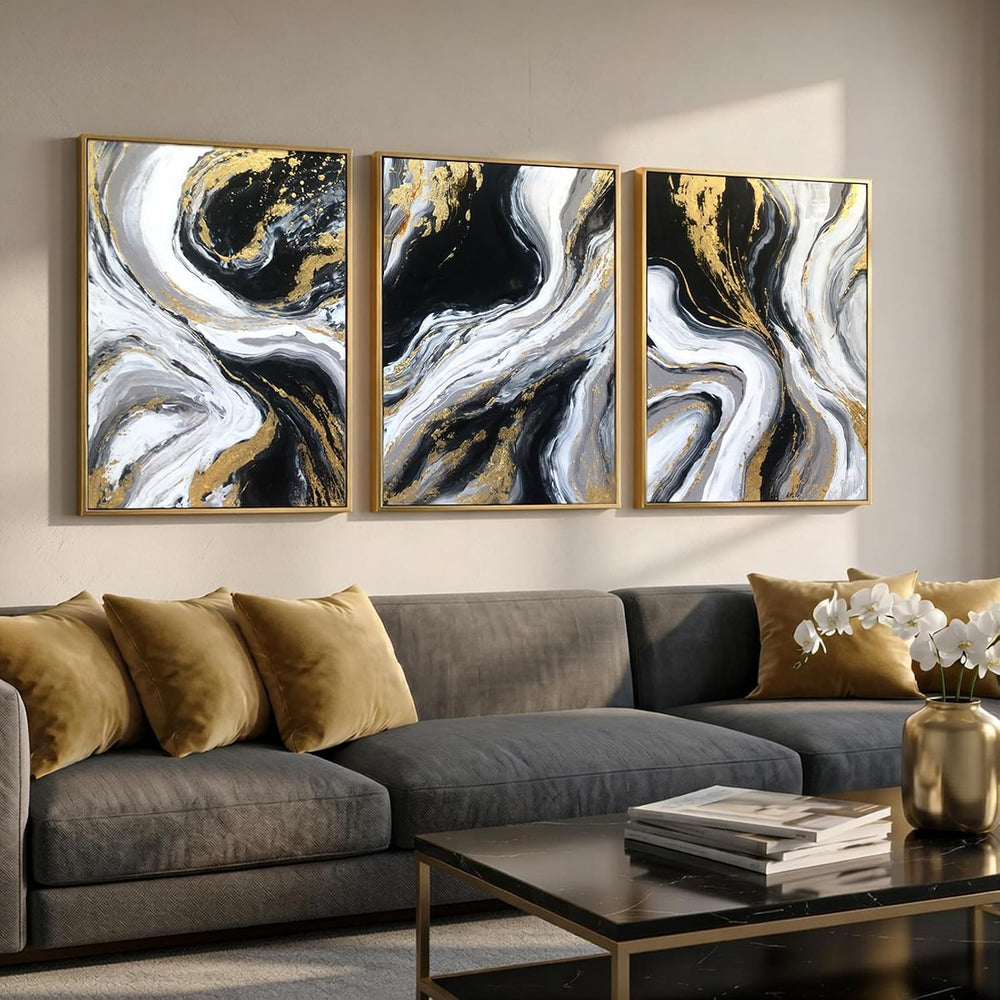 3D Textured Black and Gold Abstract Wall Art for Living Room, Hand Painted Se...