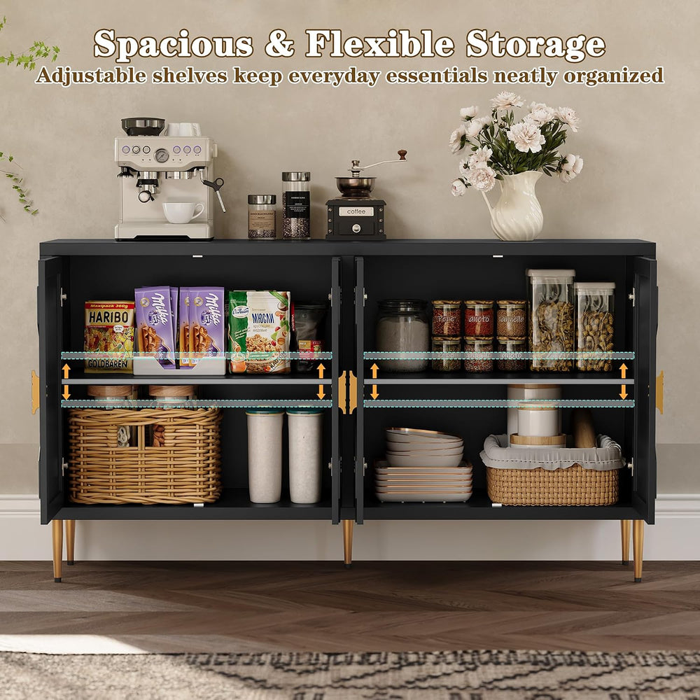 HLR 58'' Modern Sideboard Buffet Storage Cabinet with 4 Doors, Black