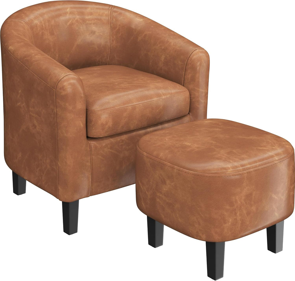 Yaheetech Accent Chairs with Ottoman, Faux Leather Barrel Chairs, Brown