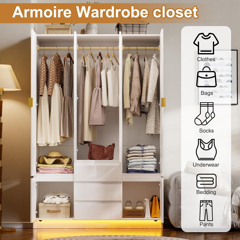 PAKASEPT 4 Doors Armoire Wardrobe Closet with Led Light & Mirror, Bedroom...