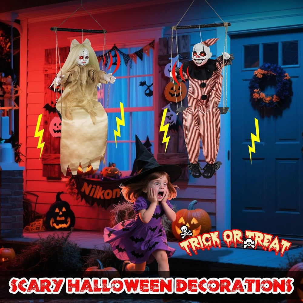 2 Pack Hanging Halloween Decorations Outdoor Swinging Clown & Girl Ghost