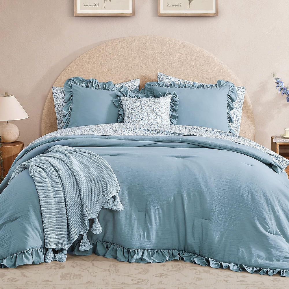 BLOOMHAVEN Queen Comforter Set-7 Pieces Ruffle Bedding with Floral Sheet