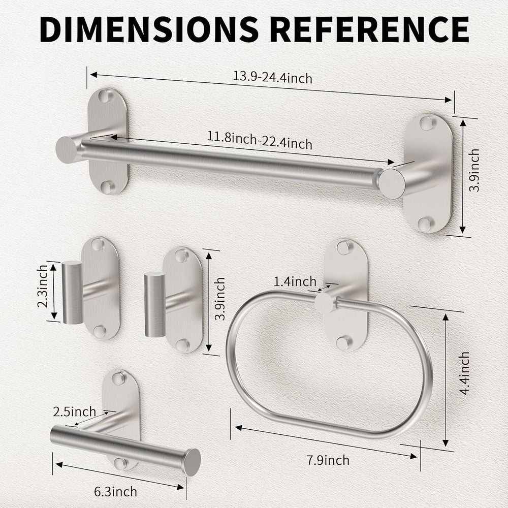 5-Piece Bathroom Hardware Set, Adhesive or Drill Wall Mount, Nickel