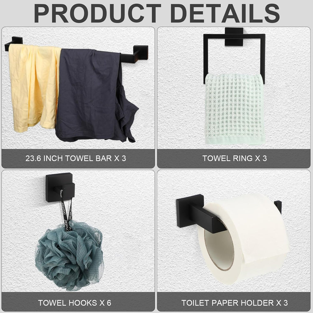 15 Pcs Black Bathroom Hardware Accessories Bath Towel Bar Set