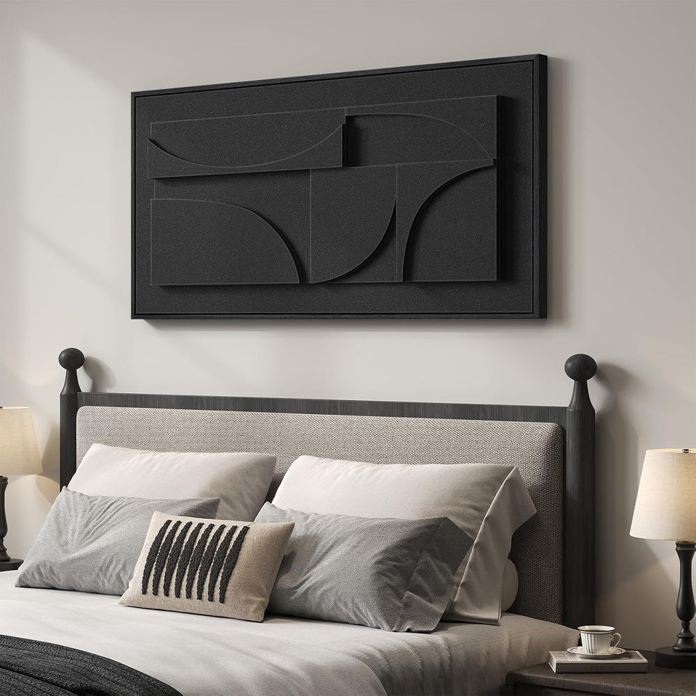 Large Framed 3D Black Abstract Wall Art for Living Room, Horizontal 60x30