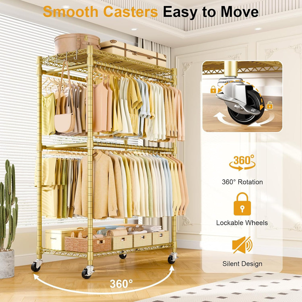 ULIFHOME Rolling Clothes Rack, Clothing Racks for Hanging Clothes, Gold