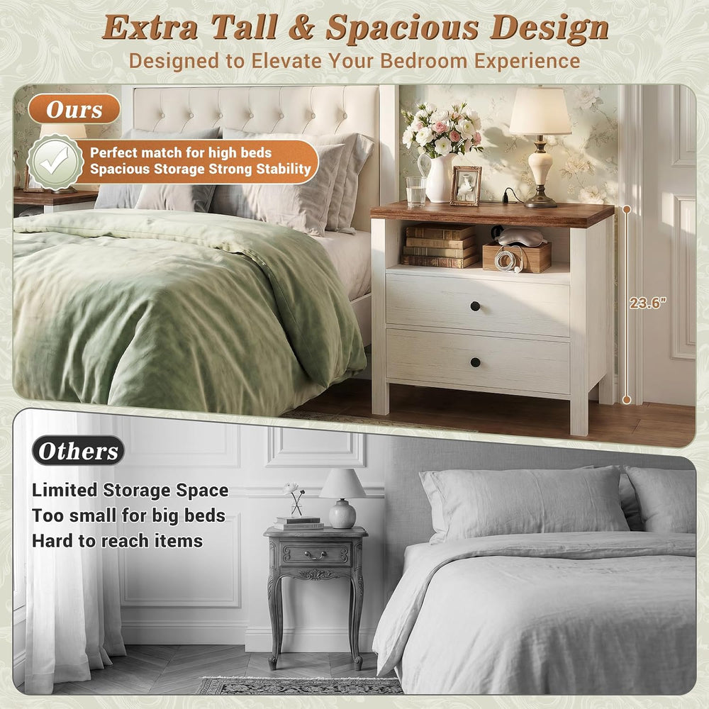 Aheaplus Nightstands Set of 2, 2 Drawers Night Stand with Charging Station