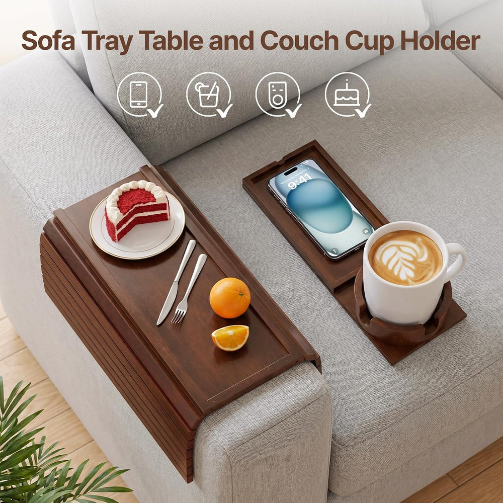 Bamboo Sofa Armrest Tray, Foldable Couch Arm Tray Side Table, 2 in 1 Anti-Fal...
