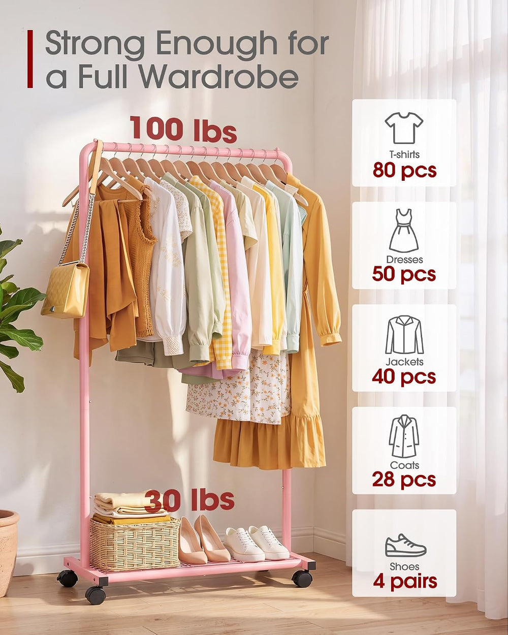 Sakugi Clothes Rack - Clothing Rack with Storage Mesh Shelf & Casters, He...