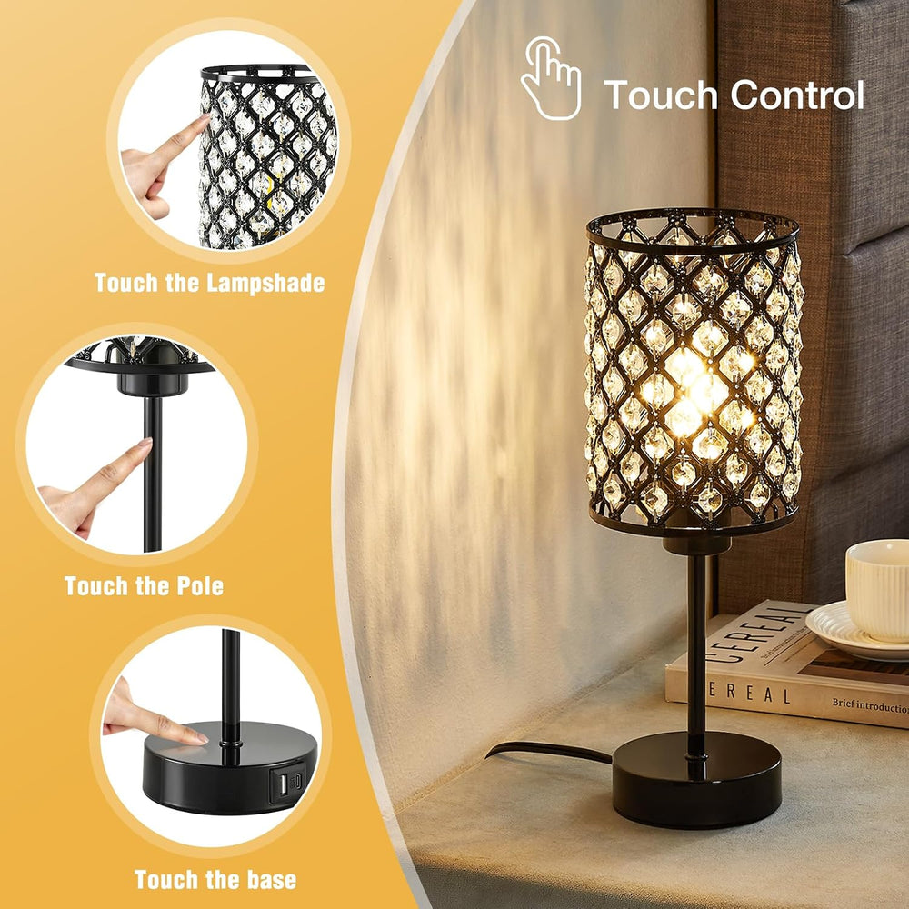 Crystal Table Lamp, Black Touch Lamp with USB C+A Port, 3-Way Dimmable