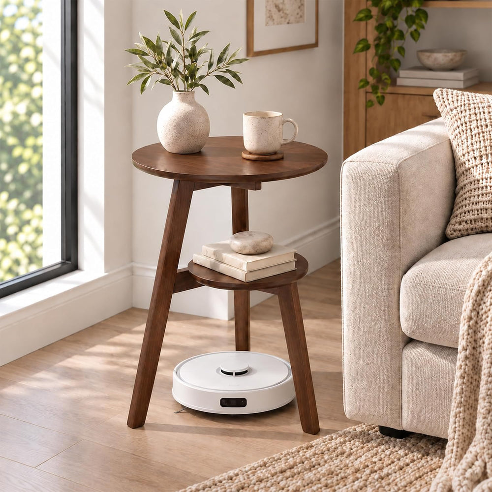 Small Round Side Table, 16.5" 2-Tier Solid Wood End Table, Walnut