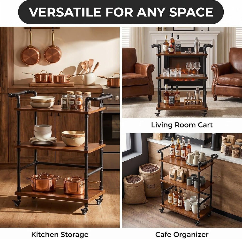 Industrial Pipe Bar Carts, Solid Wood Serving Carts, Rolling Kitchen Carts