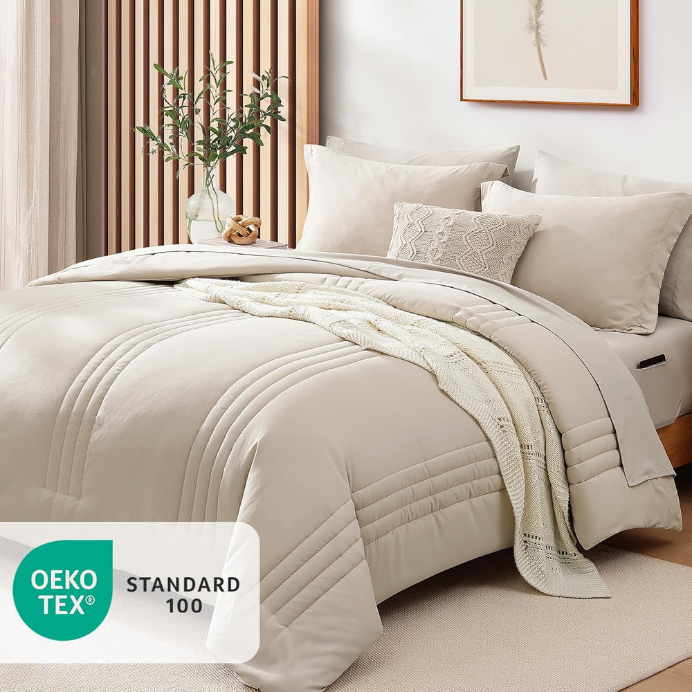 Full Size Comforter Sets-7 Pieces Beige Soft Bed in a Bag Full Bedding Sets
