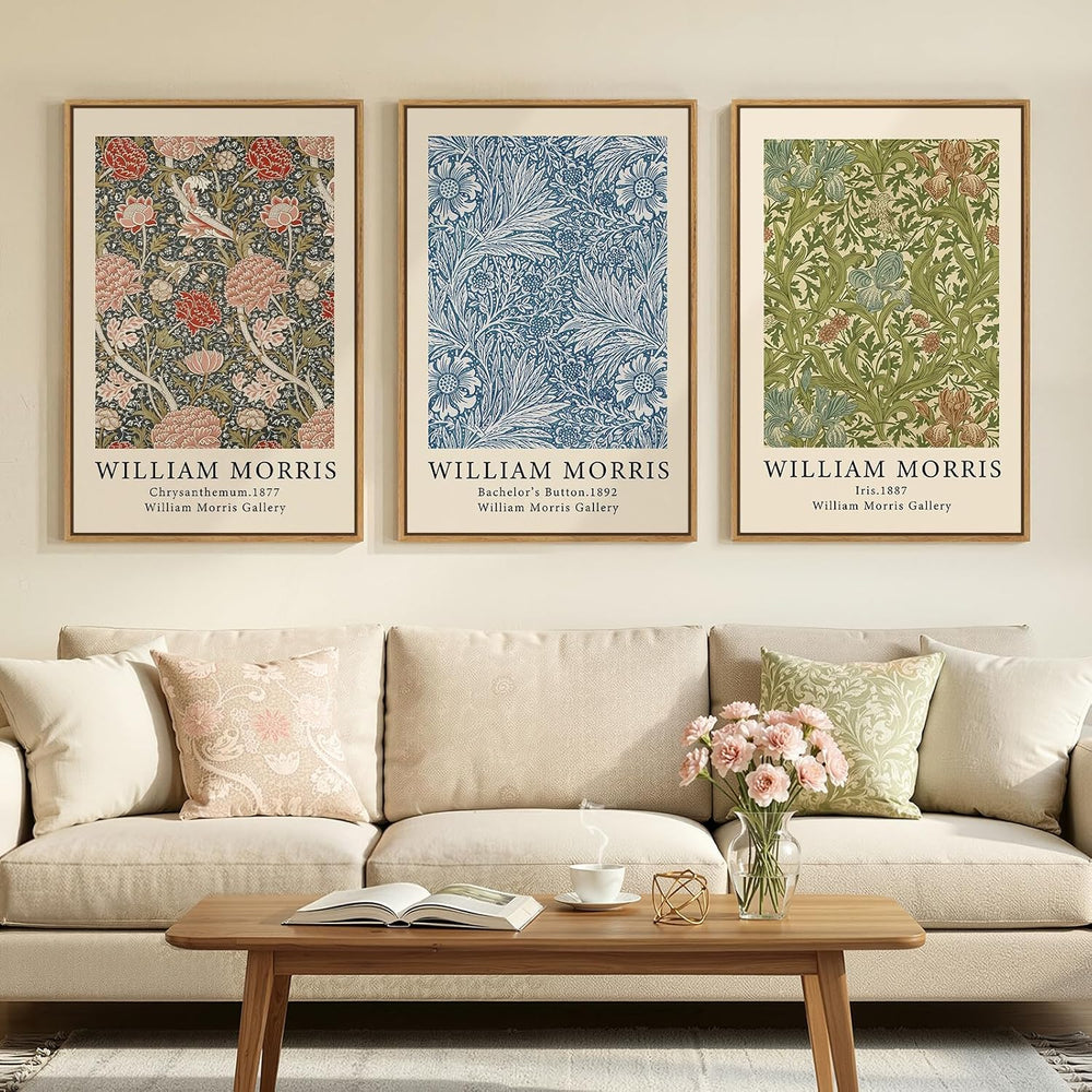 Large Framed William Morris Botanical Wall Art for Living Room, 3 Piece