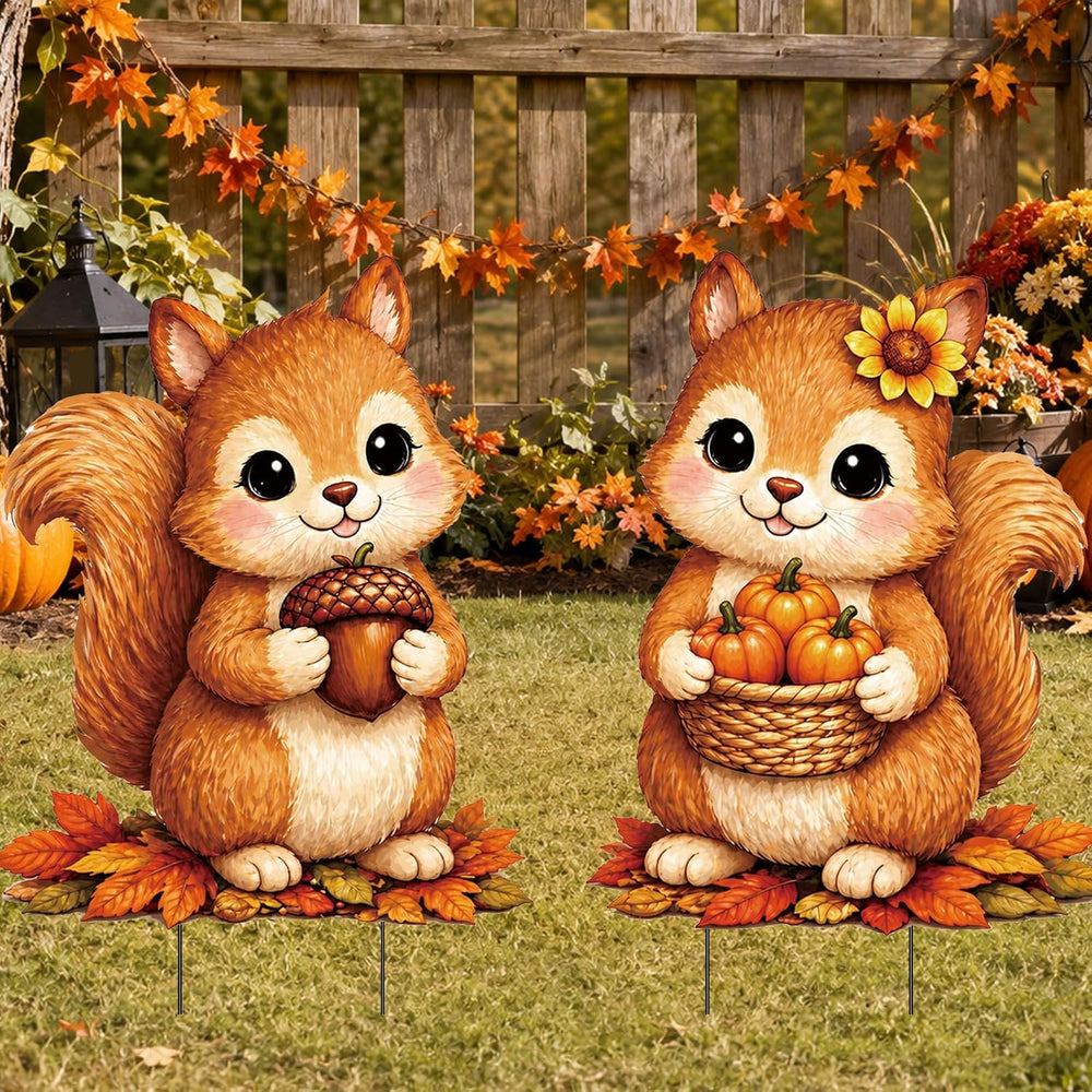 2 Pack Fall Cute Squirrel Garden Stakes Acorn Pumpkin Metal Yard Sign