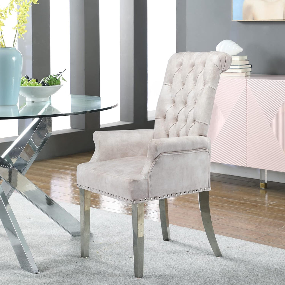 Velvet Dining Chairs with Arms, Upholstered Dining Room Chairs, Beige