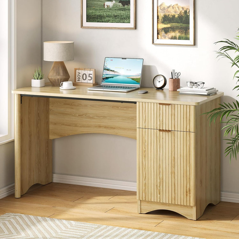 Bestier 47 inch Fluted Computer Desk with Drawer, Office Desk with File Cabin...