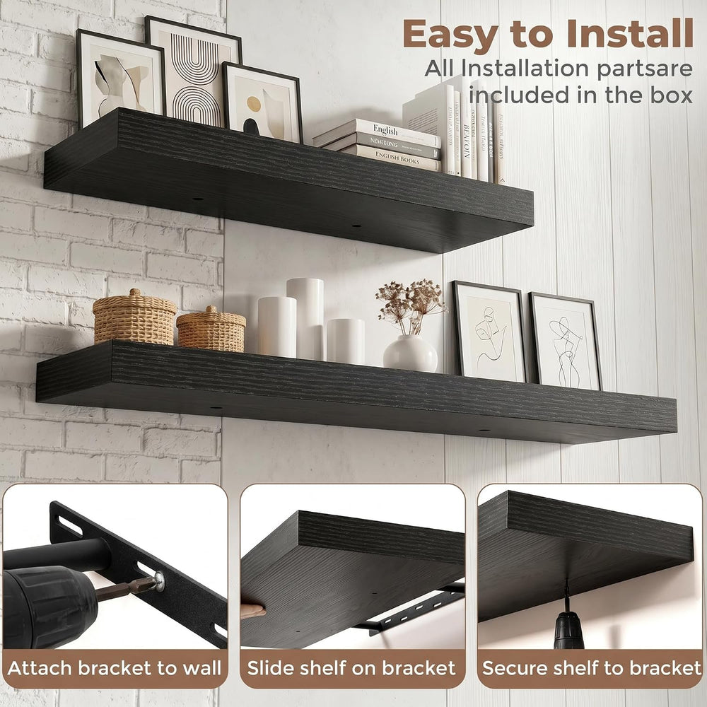 20 Inch Floating Shelves for Wall, 8"D Wood Storage Shelves, Black Finish