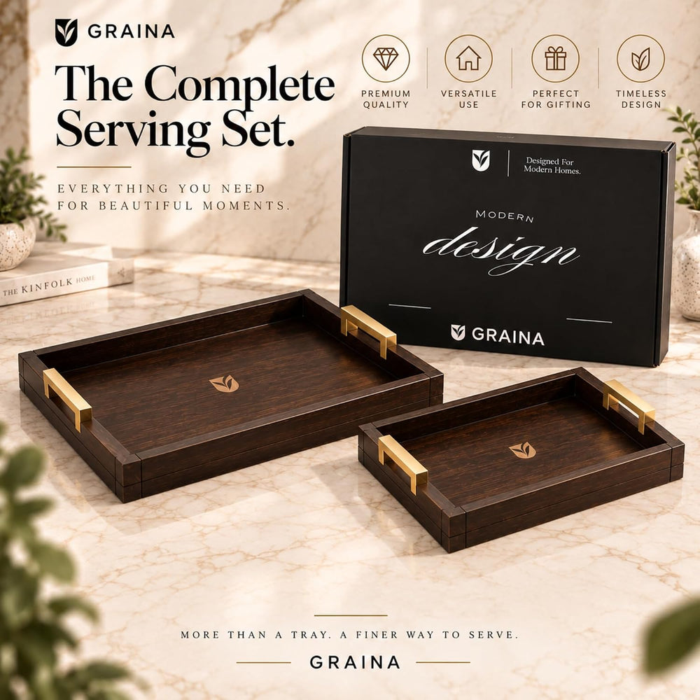 Acacia Wood Tray for Coffee Table, Set of 2 Ottoman Trays with Gold Handles