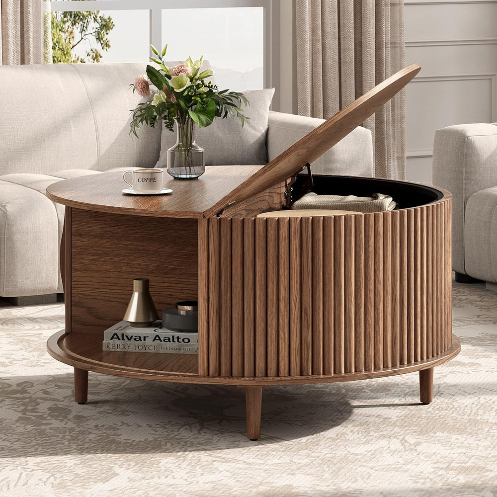 JOINICE 31.5" Round Coffee Table with Storage for Living Room, Walnut