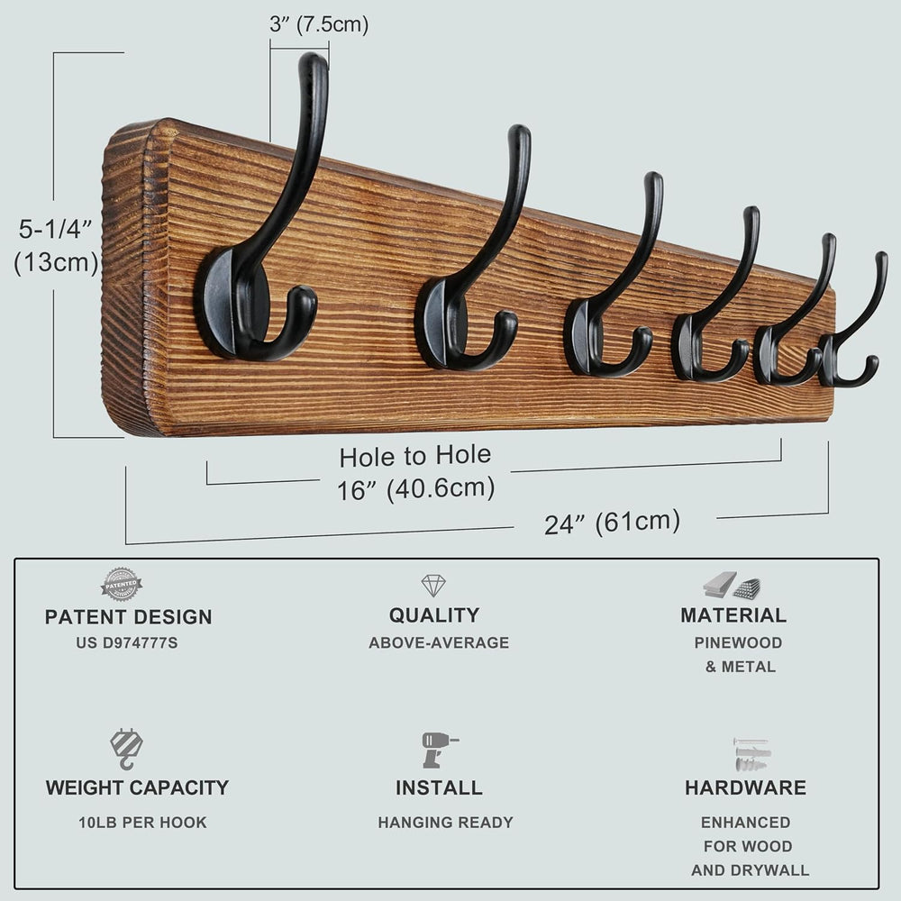 Dseap Coat Rack Wall: 24" Long, Patented, Heavy-Duty, 6-Double-Hooks Woo...