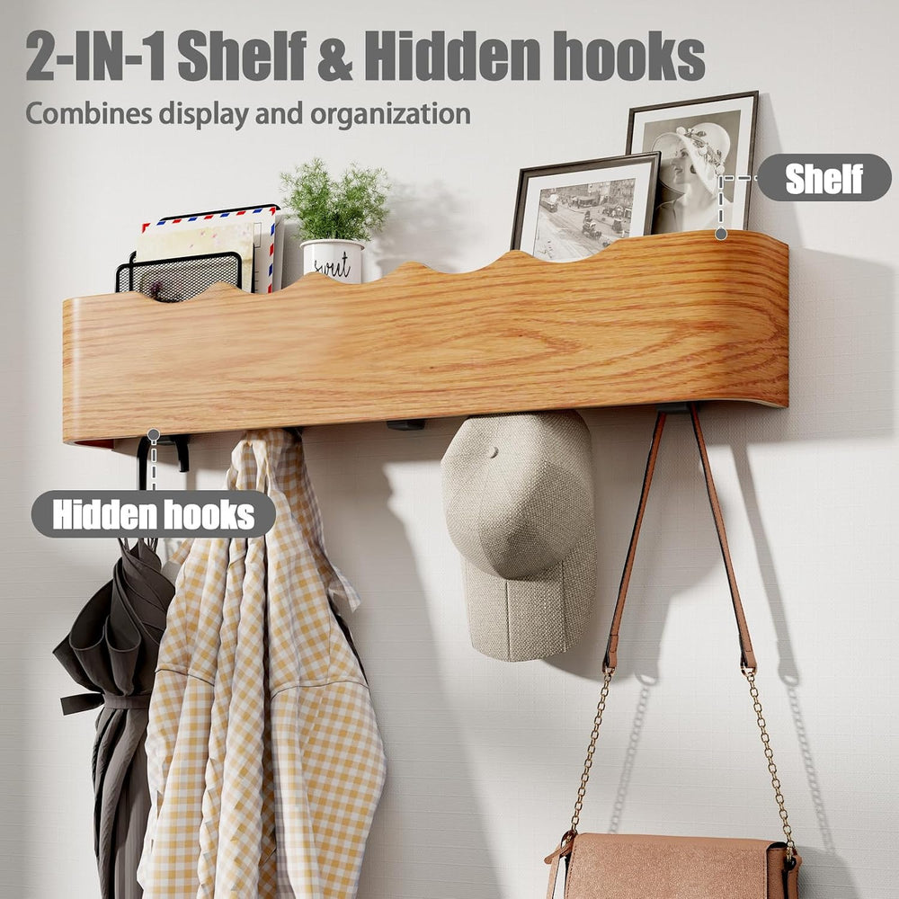 Coat Rack Wall Mount with Shelf 4 Hidden Hooks Modern Wooden Key Holder Entry...