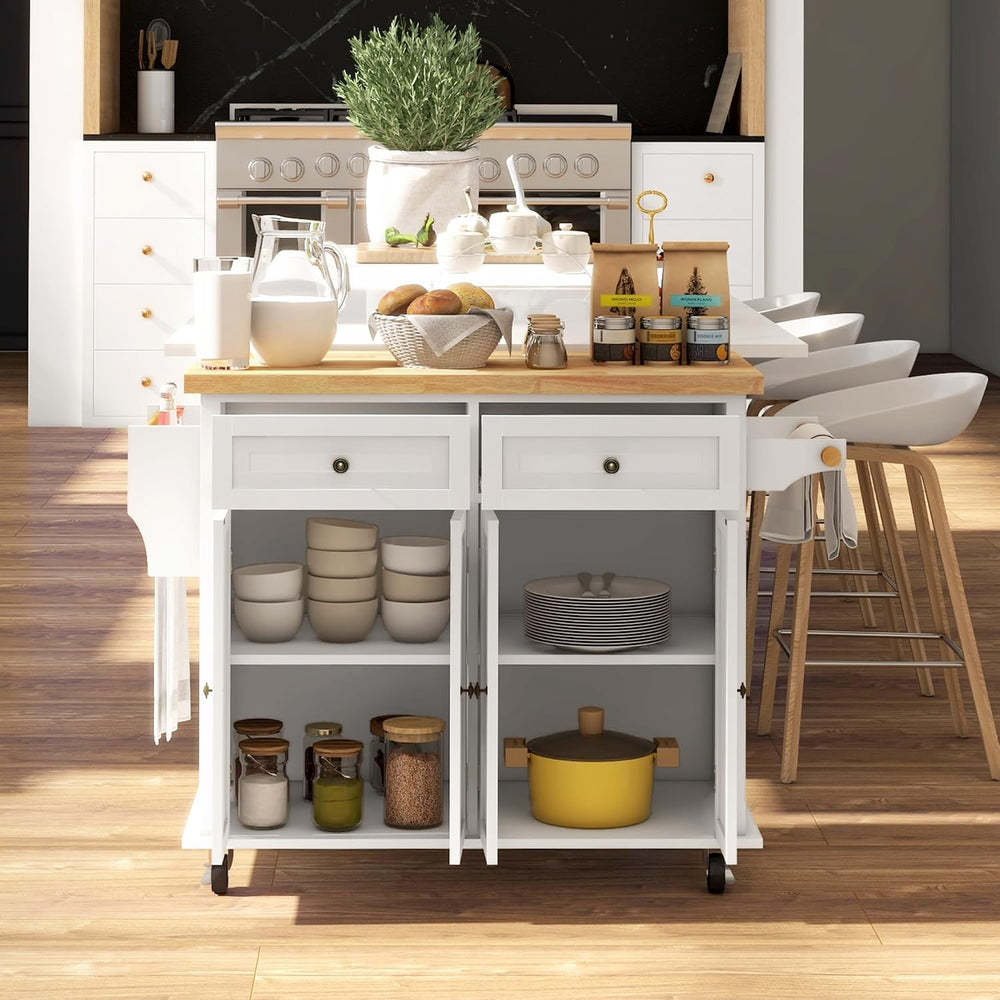 HOMCOM Kitchen Island Cart on Wheels with Solid Wood Top, 44" Cream White