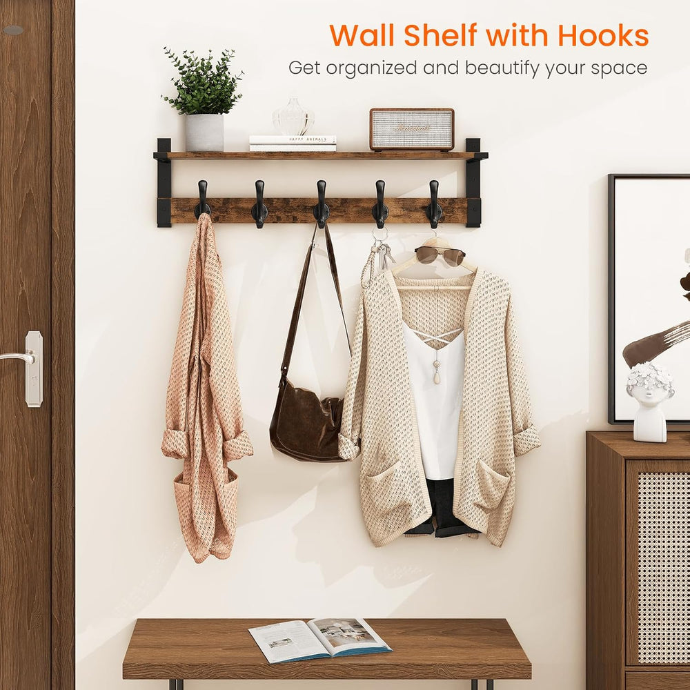 Homode Coat Rack Wall Mount, 29 Inch Long Shelf with Hooks, Rustic Brown