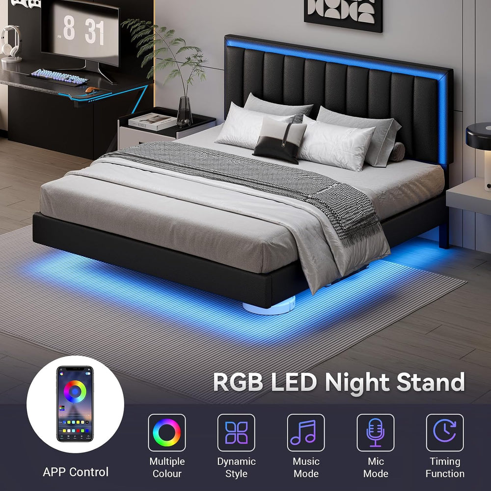 IMMERSTABLE Full Size Floating Bed Frame with LED Lights, Upholstered Platfor...