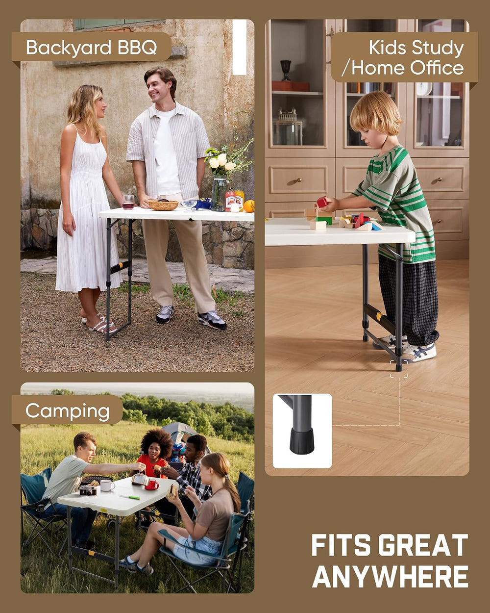 FanttikOutdoor Folding Table 4 Foot Quick Adjust Portable Plastic 4 Heights