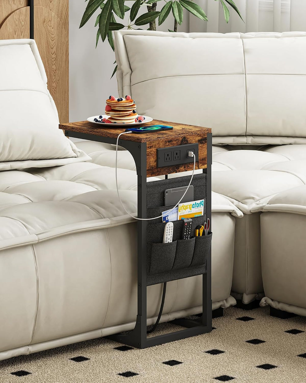 TUTOTAK C Shaped End Table with Charging Station, Side Table for Sofa