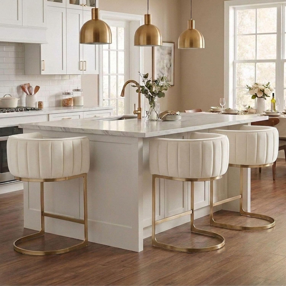 Hyfirm Set of 3 Beige Velvet Counter Height Bar Stools Gold Base
