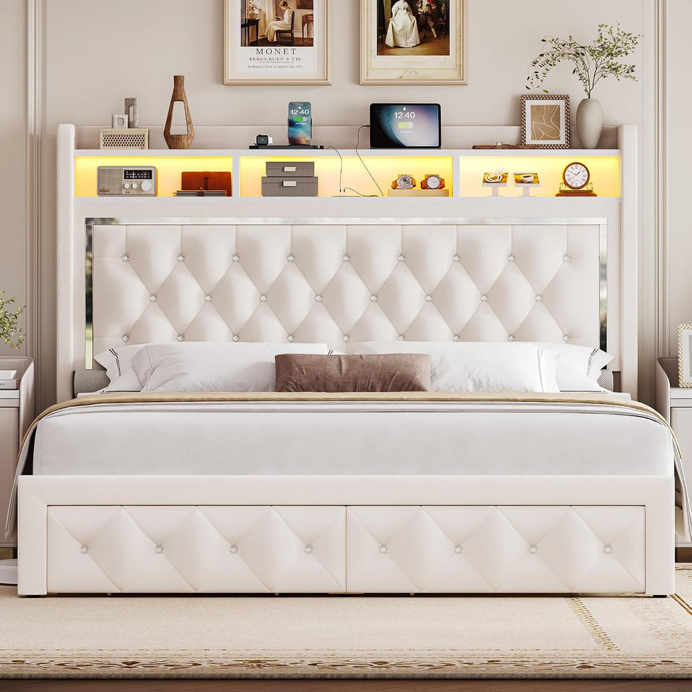 Keyluv Queen Velvet LED Bed Frame with 2 Drawers & Charging Station, Beige