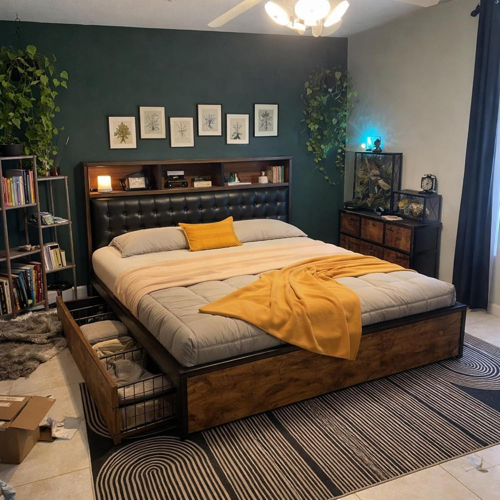 EnHomee King Size Bed Frame with 4 Drawers & Charge Station, Vintage Brown