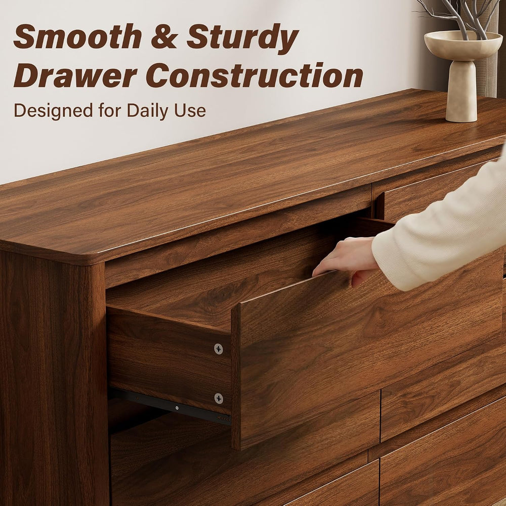 Furniway 55.1" Wide 6 Drawer Wood Dresser for Bedroom with Legs, Walnut