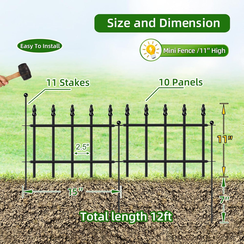 Decorative Metal Garden Fence 11" x 12', Small Fence Border with Stakes