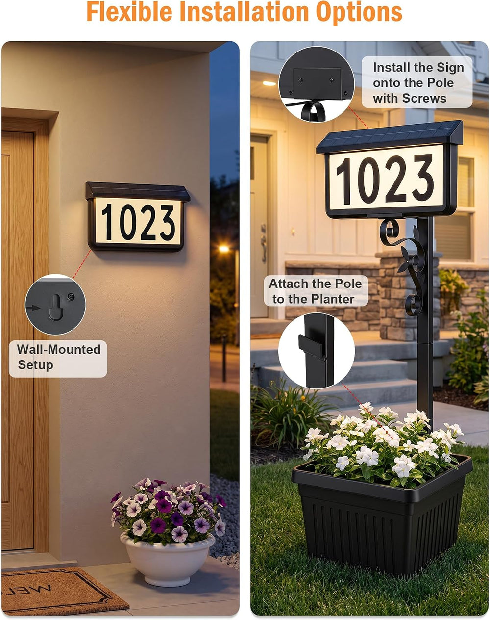 Solar Address Sign with Planter, 2-in-1 House Numbers for Outside