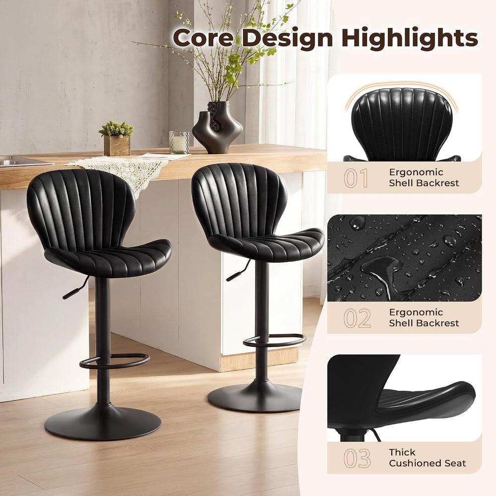 LIVELYGLOW Swivel Bar Stools Set of 2, PU Leather Chairs for Kitchen Black