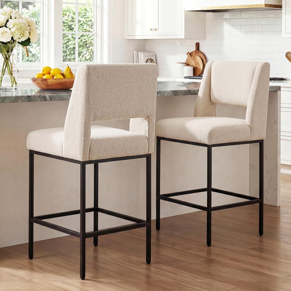 Upholstered Counter Height Stools, Beige Linen Bar Stools with Metal Legs and...