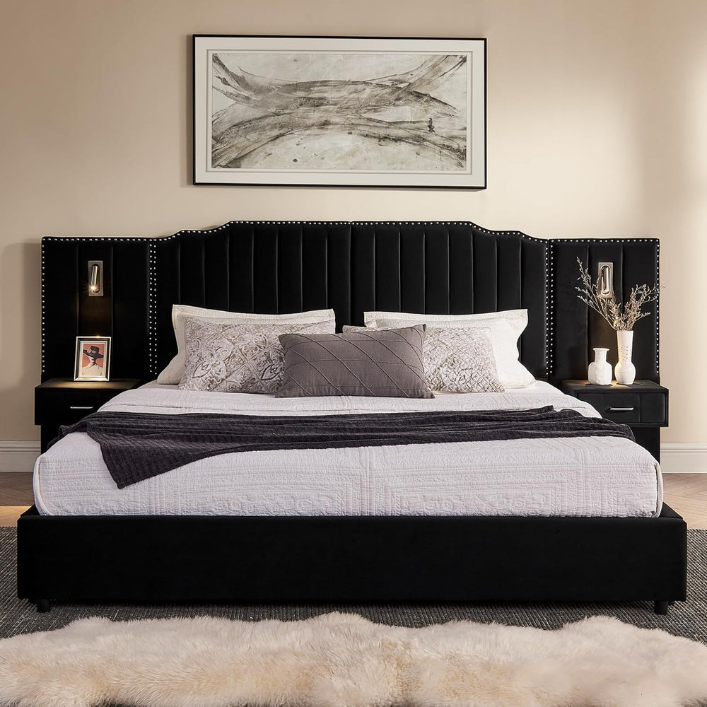 King Size Velvet Platform Bed with LED Lights and Nightstands, Black