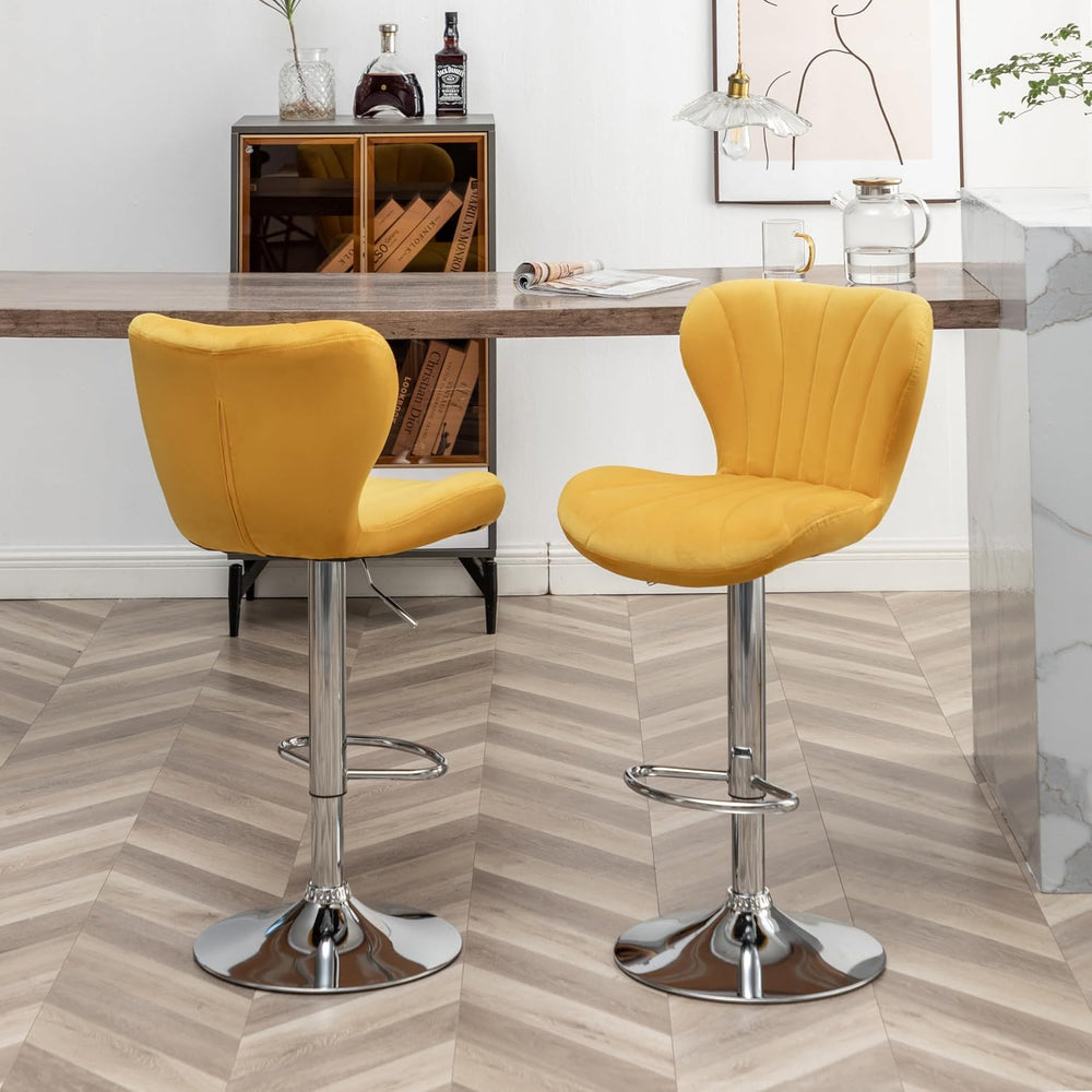 Roundhill Furniture Ellston Velvet Adjustable Swivel Barstools in Yellow, Set...