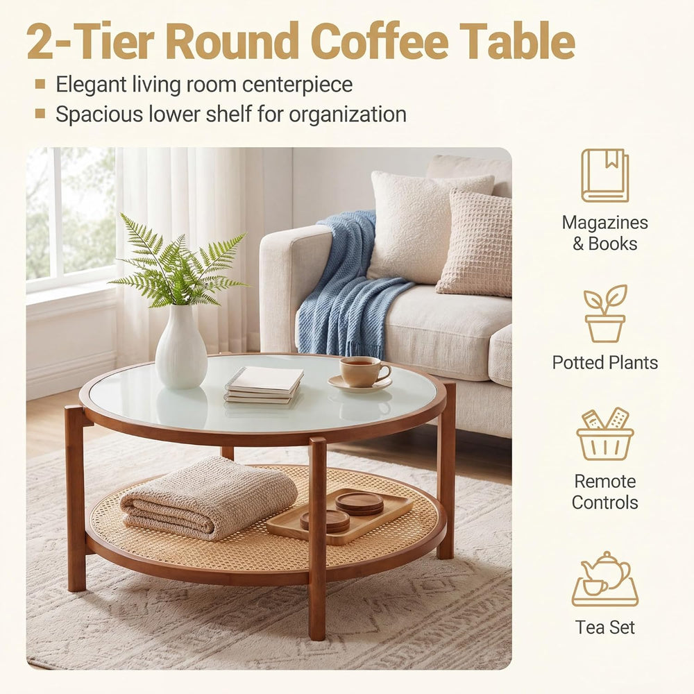Tangkula 2-Tier Wooden Round Coffee Table, Walnut