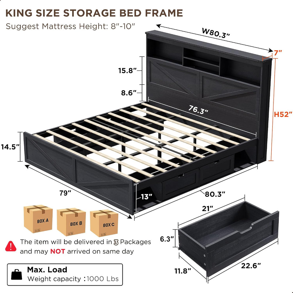 ACCOHOHO Farmhouse King Size Bed Frame with 52" High Storage Bookcase He...