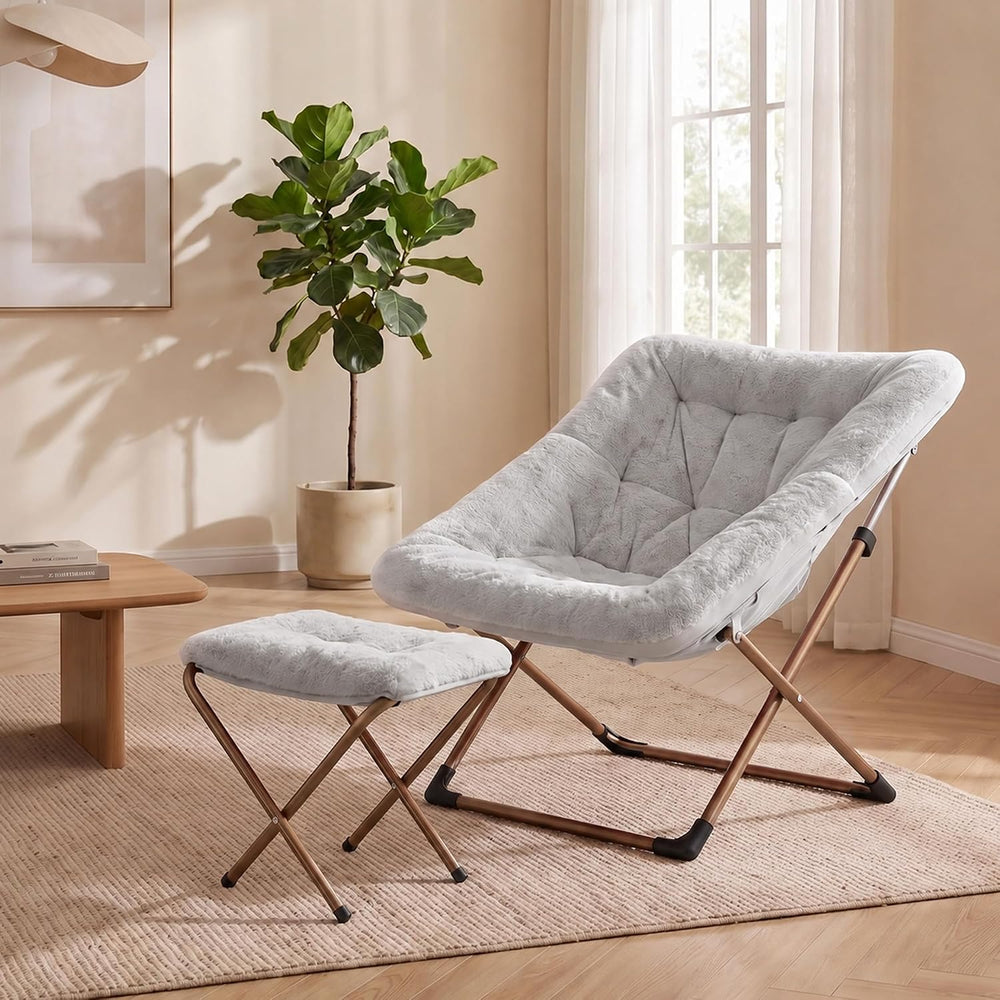 Youtanic Comfy Oversized Saucer Chair with Ottoman,Soft Faux Fur Reading Loun...
