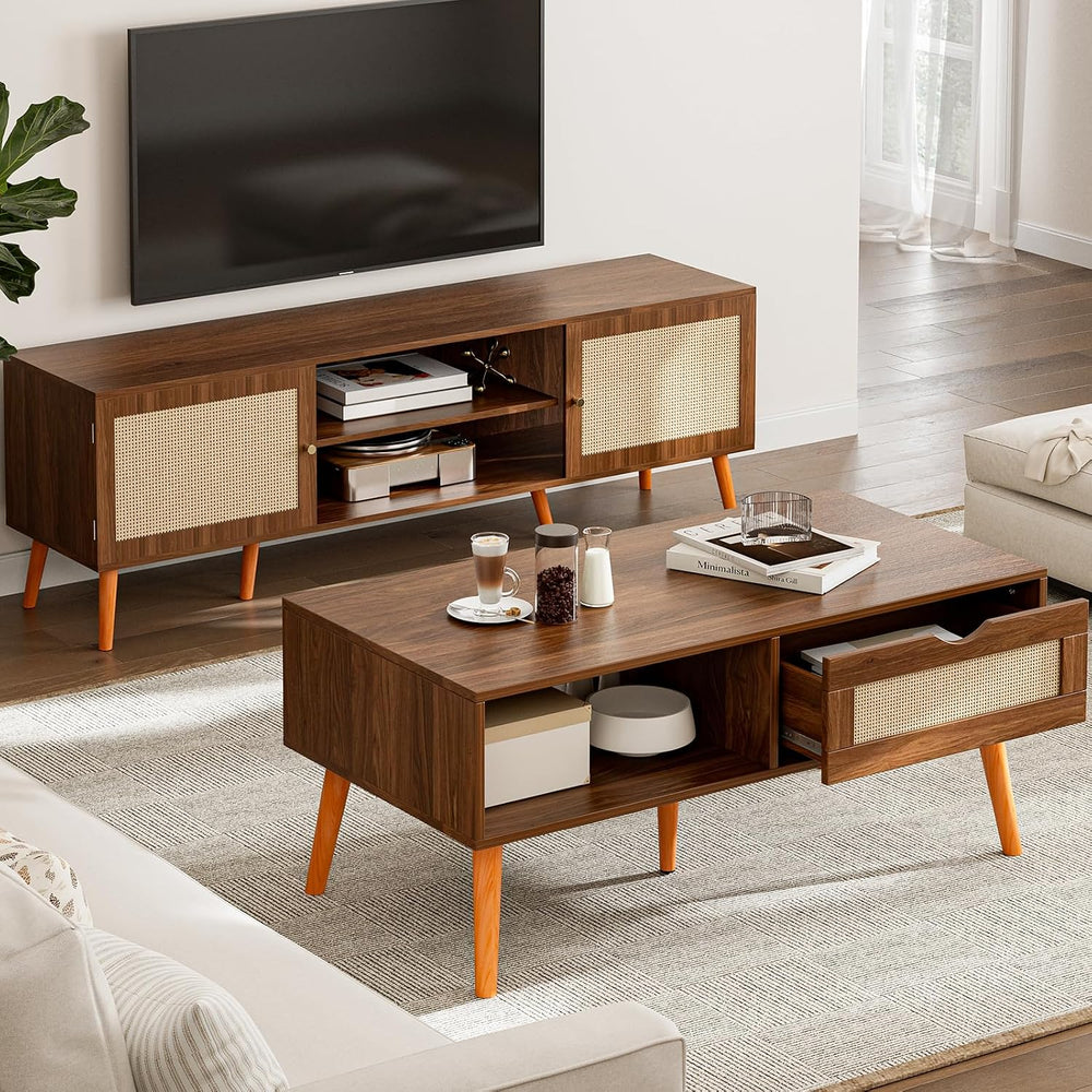 ZttRiee Rattan Coffee Table with Drawer, Mid-Century, Walnut