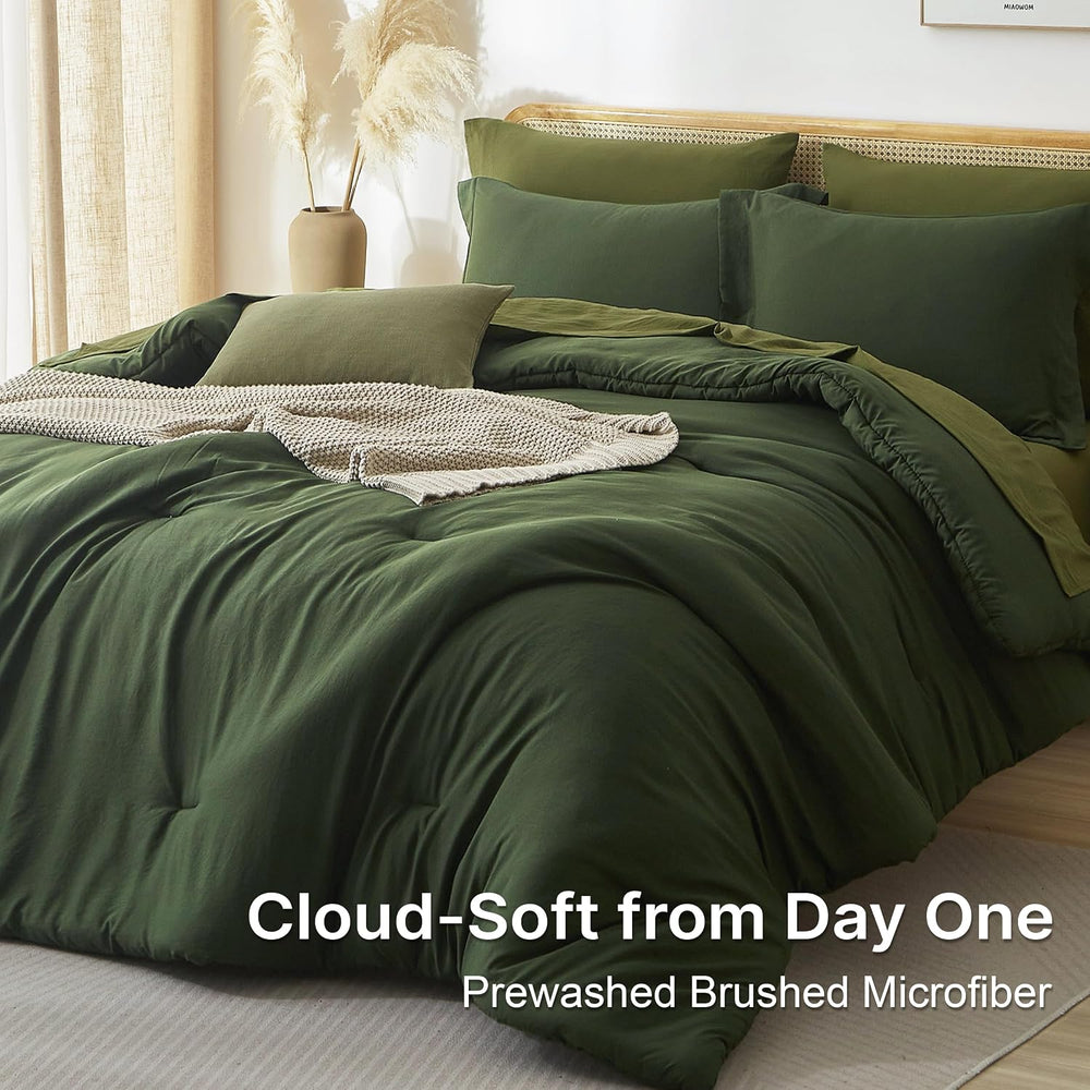 Prewashed King Size Comforter Set 7 Pieces, Dark Green Bed Set