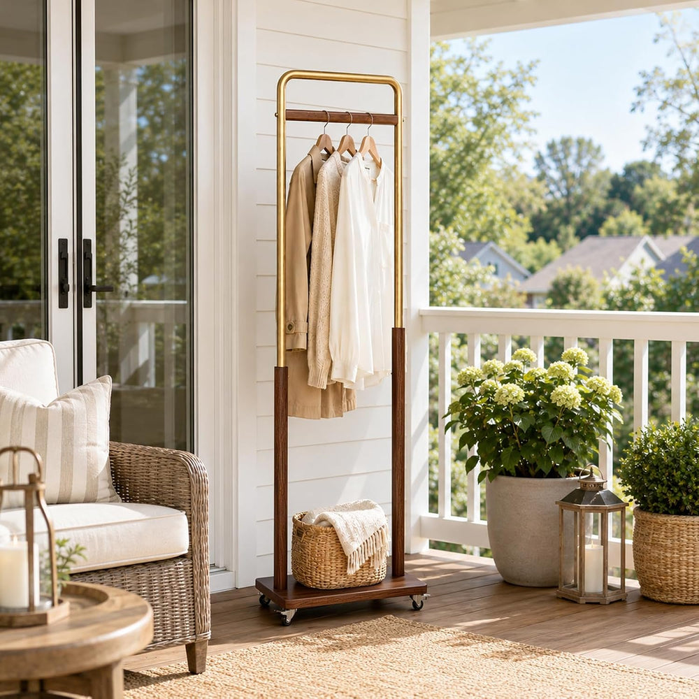 Taitiy Solid Wood Coat Rack with Wheels, Freestanding for Entryway